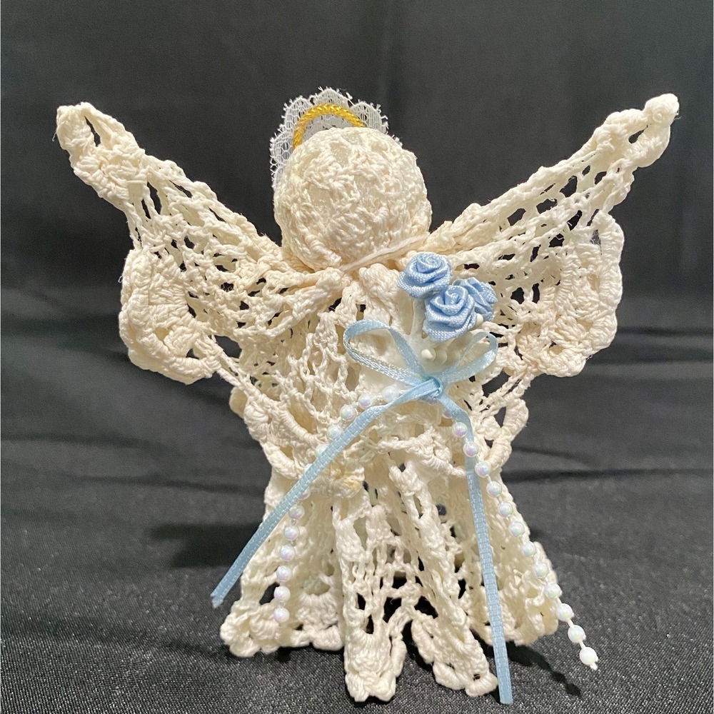 Vintage Handmade Crochet Angel Figurine Off-White Lace Blue Roses 4.5 Inch *